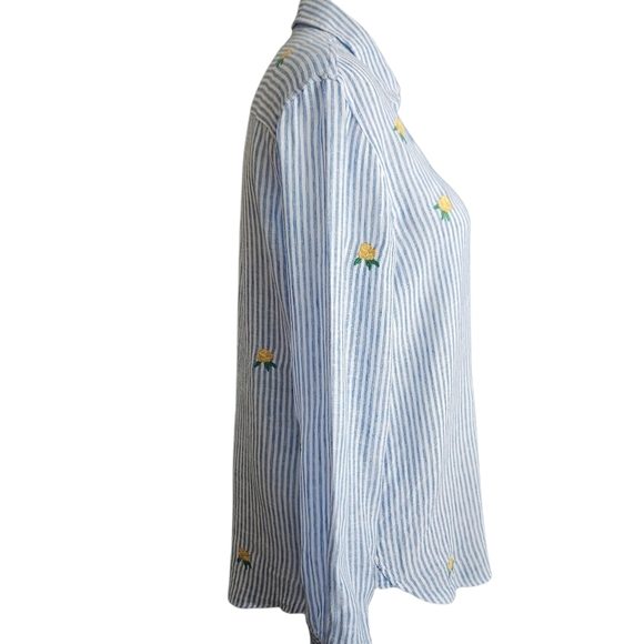 RAILS Womens Top XS Shirt Button-Up CHARLI YELLOW ROSES Blue Stripe Linen Blend - Picture 2 of 12